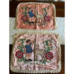 2 Vintage silk pillow shams pink Chenille Embroidered Boudoir girl lamb ruffles